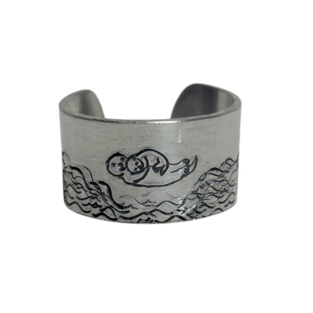 Handmade stamped mama otter ocean design 
silver tone adjustable wide cuff‎ ring